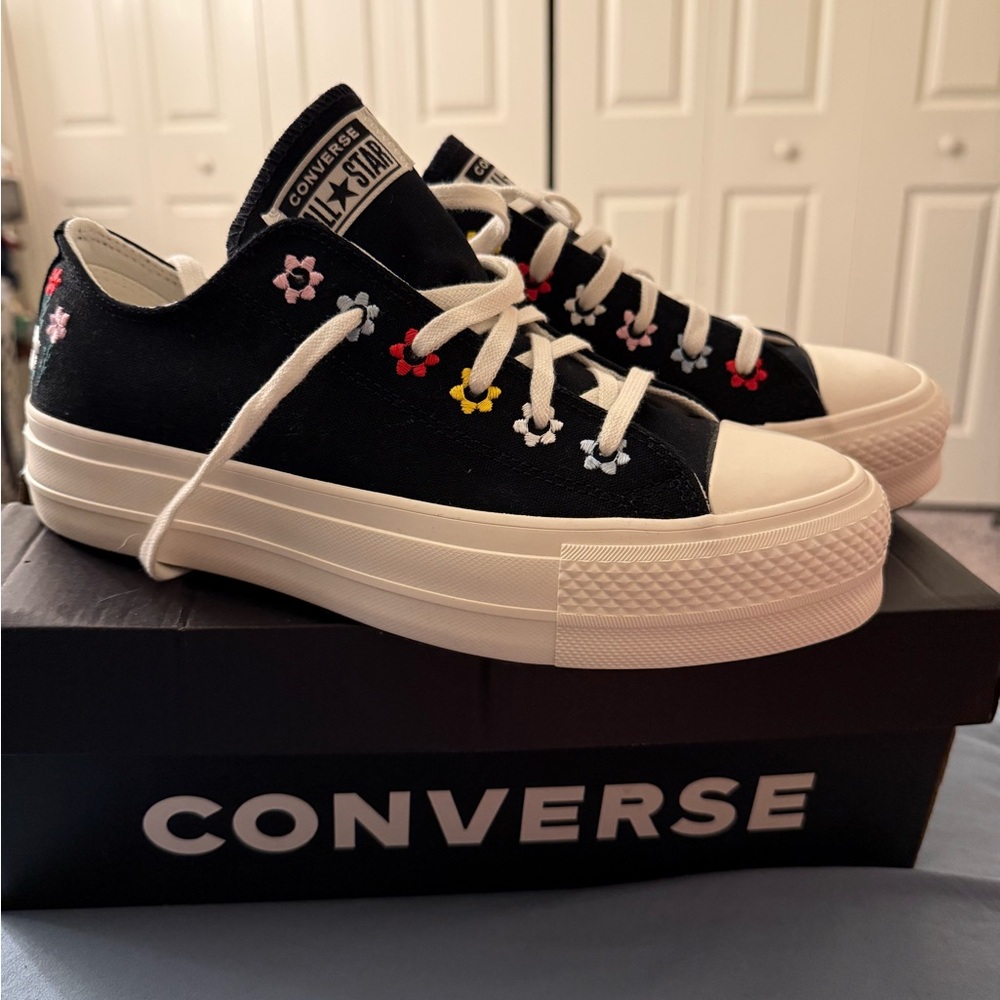 Black Converse with Floral Embroidery